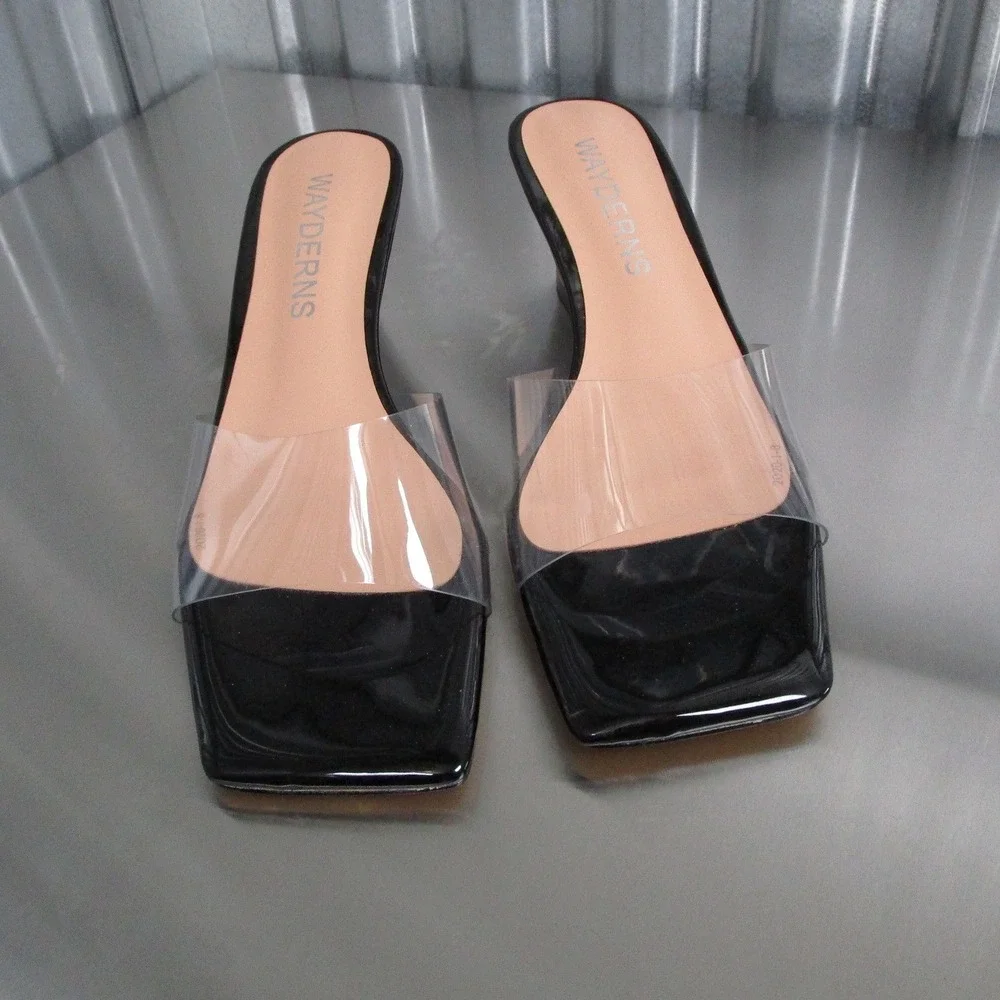 Wayderns Womens Black Patent Clear PVC Square Toe Wedge Sandal Mules Size 8 38.5